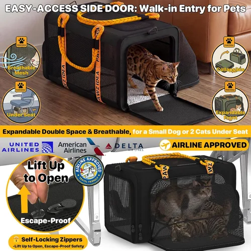 Vista 3 de PAWZIDEA Transportador de mascotas expandible aprobado por aerolíneas, transportador de perros pequeños de 18 x 11 x 11 pulgadas, transportador
