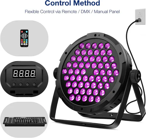 Vista 5 de Luces de escenario RGB de 60 LED, 90 W, regulables, multimodos activados por sonido, control remoto y DMX, fácil configuración, luces elevadas