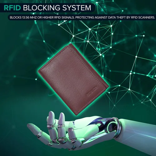 Vista 5 de Billetera de tres pliegues para hombre Cartera de piel auténtica con bloqueo RFID con 9 ranuras para tarjetas
