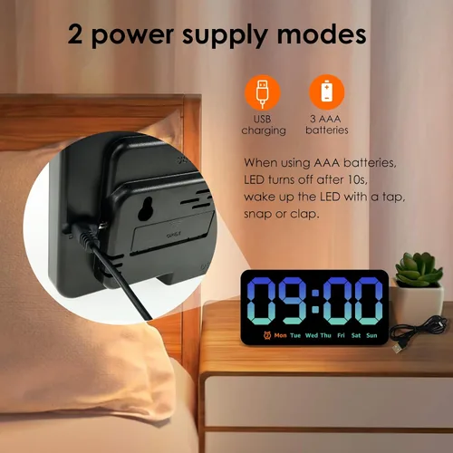 Vista 5 de Reloj de pared digital con atenuador de brillo de pantalla grande, reloj de pared digital LED con pantalla RGB, pequeño reloj de pared para sala