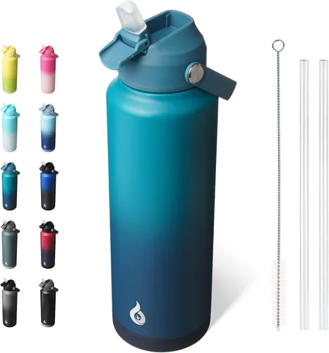 Vista 34 de BJPKPK - Botella de agua aislada con tapa de popote, 532 ml Botellas termo con boquilla suave, asa flexible y base antideslizante, libre de BPA, a