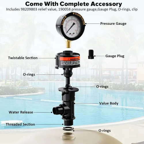 Vista 2 de Válvula de alivio de aire manual para filtros de piscina y spa, válvula de alivio de aire para filtro de piscina con manómetro de repuesto, válvula