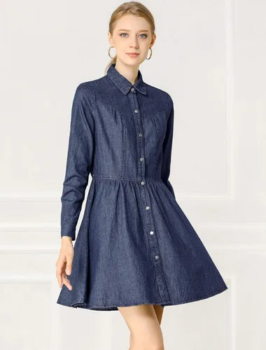Vista 2 de Allegra K Vestido de mezclilla para mujer, con botones, plisado, acampanado, acampanado
