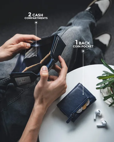 Vista 4 de VULKIT Cartera minimalista de cuero con bloqueo RFID triple con banda elástica, soporte delgado para tarjetas de crédito con 3 ventanas
