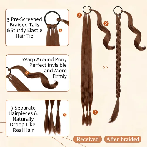Vista 2 de Extensión de cola de caballo larga trenzada con banda para el cabello, color marrón claro, extensiones de cabello sintético suave y natural