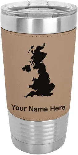 Vista 8 de LaserGram 20oz Vacuum Insulated Tumbler Mug, Country Silhouette United Kingdom, Personalized Engraving Included (Faux Leather, Baseball Style)