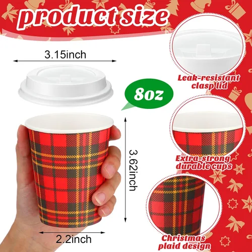 Vista 2 de Hushee 100 Piezas Vasos de Papel a Cuadros Navideños de 8 onzas, Vasos de Café Desechables con Tapas, Vasos Navideños, Suministros de Cafetería