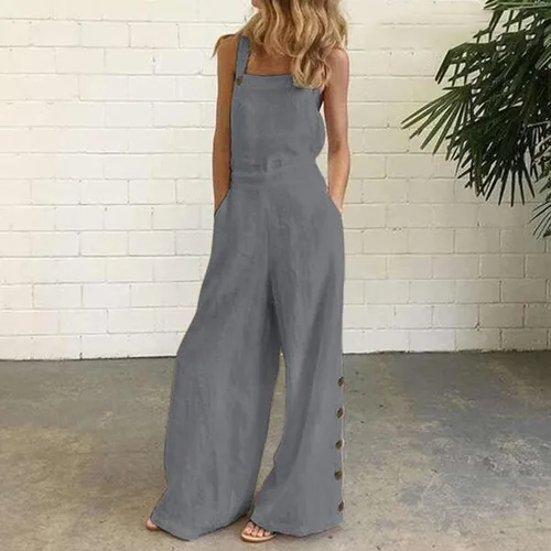 Vista 2 de Overol sin mangas para mujer estilo casual liso de verano pierna ancha con peto halter para mujer gris L