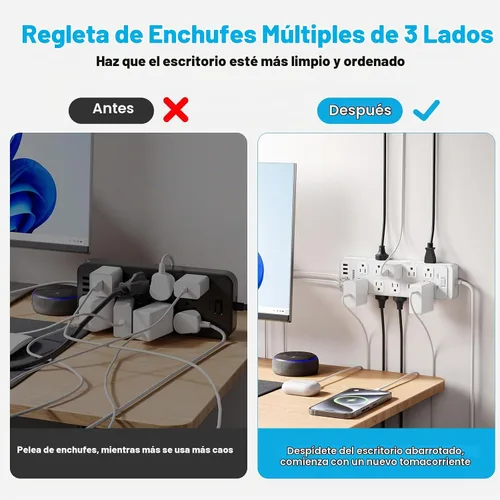Vista 4 de Regleta de alimentación con enchufe plano, protector contra sobretensiones con 20 tomas de corriente AC y 6 puertos USB de carga, 1875 W/15 A, 2700