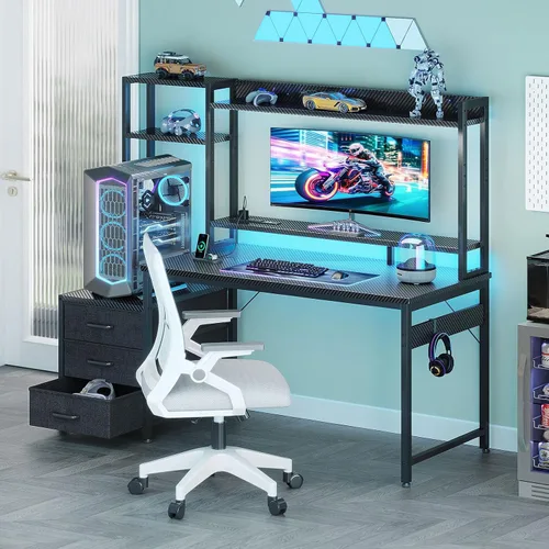Vista 9 de Casaottima - Escritorio de juegos de 48 pulgadas con alacena y 3 cajones de tela, escritorio para computadora con puertos USB y luces LED, mesa