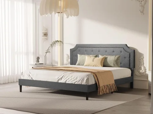 Vista 9 de BONSOIR Base de cama tapizada de color gris de tamaño matrimonial, con plataforma tradicional tapizada de perfil bajo con cabecera copetuda