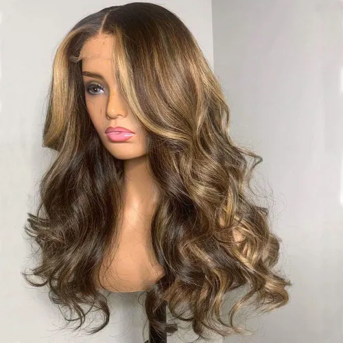 Vista 9 de Peluca de cabello humano ondulado con reflejos rubios y marrones, encaje frontal, sin pegamento, prearrancada, Remy brasileño, densidad 150, 12