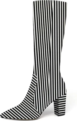 Vista 121 de AMBELIGHT Botas altas hasta la rodilla con cremallera y puntera puntiaguda para mujer, de patente sólida, tacón alto, 3.3 pulgadas