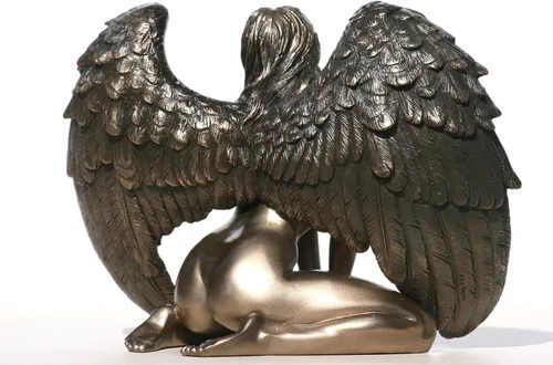 Vista 2 de Estatua femenina alada desnuda arrodillada con acabado bronce