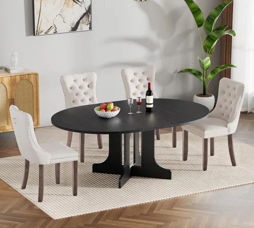 Vista 3 de Henf Juego de 5 mesas de comedor redondas extensibles para 4, mesa de cocina ovalada de madera de 43 a 59 pulgadas con 4 sillas, mesas de comedor