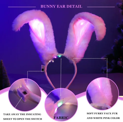 Vista 3 de Aceorna Diademas de orejas de conejo iluminadas, aro luminoso con orejas de conejo, diadema de conejo peluda para mujer