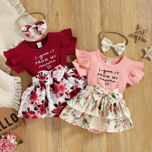 Vista 2 de Bowanadacles Traje de verano para bebé recién nacido, ropa floral de manga corta con volantes y diadema