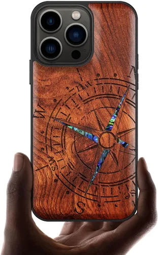 Vista 12 de Carveit Funda protectora de madera de diseñador para iPhone 13 Pro, cubierta magnética, grabado en madera e incrustaciones de concha, funda