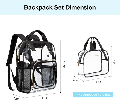 Vista 5 de LIGHT FLIGHT Mochila transparente resistente y transparente, juego de mochila transparente, mochilas duraderas para universidad, seguridad, L-negro