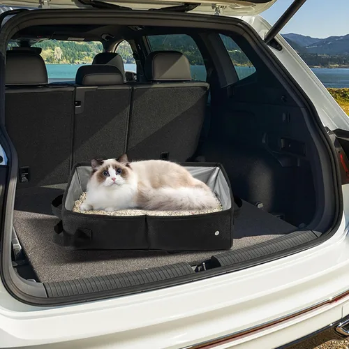Vista 7 de Caja de arena plegable para gatos, caja de arena de viaje portátil para gatos con forro impermeable, ligera y fácil de limpiar, bandeja de arena