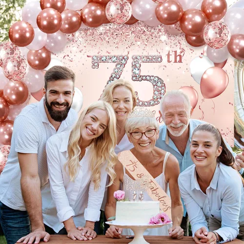 Vista 6 de Juego de arco de globos de decoración de cumpleaños número 75 de oro rosa para mujer 75th Birthday Banner and Party Tablecloth, Belt and Tiara