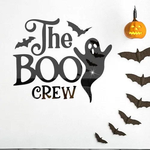 Vista 2 de Decoración de pared de murciélago fantasma de Halloween, calcomanías de pared 3D extraíbles para Halloween, espejo acrílico, decoración de pared