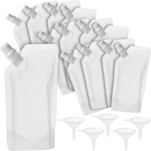 Vista 6 de Paquete de 50 bolsas de plástico reutilizables de 8 onzas con embudos para jugo, refrescos, cerveza (7 x 4 pulgadas)