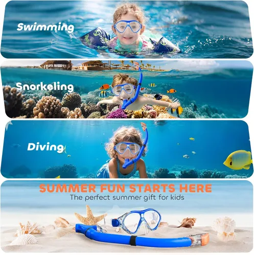 Vista 6 de Juego de esnórquel para niños, gafas de buceo para niños, equipo de esnórquel, máscara de esnórquel de vidrio templado antivaho con tubo