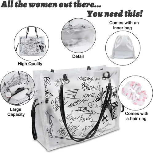 Vista 2 de Large Clear Tote Bag Set, Stylish and Durable handBag&Inner Bag&32OZ Stainless Steel Tumbler for Sports Travel Gift for Women