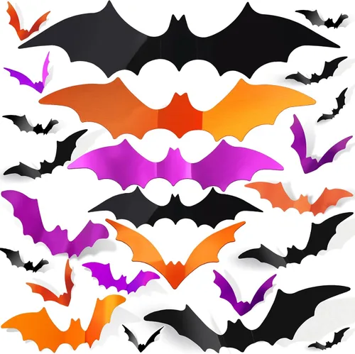 Vista 8 de FANDAMEI 140 piezas de murciélagos para decoración de Halloween, 5 tamaños de murciélagos, decoración de pared de murciélagos 3D para decoración