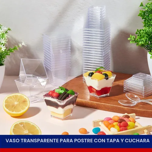 Vista 5 de JOLLY CHEF - Mini tazas de postre de 2 onzas con cucharas y tapas, cuadrado, paquete de 100 unidades Taza alta de plástico transparente