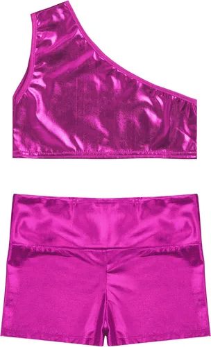 Vista 4 de Loodgao Conjunto deportivo de 2 piezas para niñas y niñas con un hombro descubierto y pantalones cortos para gimnasia