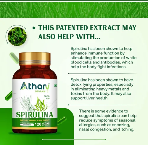 Vista 5 de Suplemento de espirulina de 1000 mg 120 cápsulas veganas Rico en nutrientes naturales Sin OMG y sin gluten Apoyo diario para el bienestar