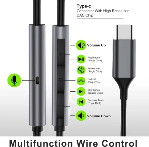 Vista 5 de Auriculares USB C para Samsung S24 S23 FE S22 S21 S20 A53 A54 Auriculares intrauditivos de metal tipo C con micrófono Control de volumen Bass Stereo