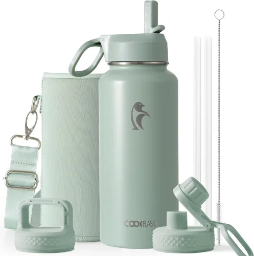 Vista 47 de Coolflask Botella de agua de 24 onzas aislada con pajilla, 3 tapas de metal de acero inoxidable, botella de agua de boca ancha para deportes u