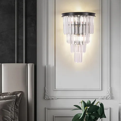 Vista 2 de Aplique de pared de cristal negro, moderno K9 de 4 niveles, lámpara de pared de cristal transparente para sala de estar, dormitorio, espejo