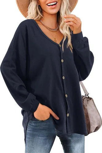 Vista 8 de Beluring Women's Shirts V Neck Long Sleeve Waffle Knit Button Up Tunic Tops Blouse verde militar (s-army green)