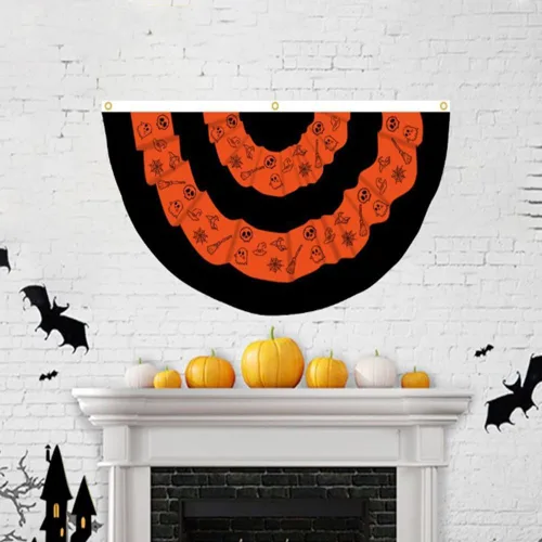 Vista 4 de JPORSHU Paquete de 5 banderas plisadas de Halloween para exteriores, fantasma, medio ventilador, ojales de banderines de otoño de 3 x 1.5 pies