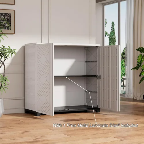 Vista 3 de HOMSPARK Armario de almacenamiento para interiores y exteriores con puertas y 1 estante, caja de almacenamiento de plástico HDPE de 34 x 15 x 34