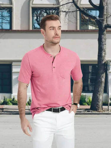 Vista 6 de MAGCOMSEN Camisas Henley de manga corta para hombre, de algodón, con botones, con bolsillo, casual, solapa frontal, ajuste regular, camisas diarias