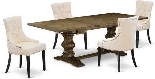 Vista 18 de East West Furniture ALAFR7-81-02 Juego de mesa de comedor moderno de 7 piezas consta de una mesa rectangular de madera con hojas extraíbles y 6
