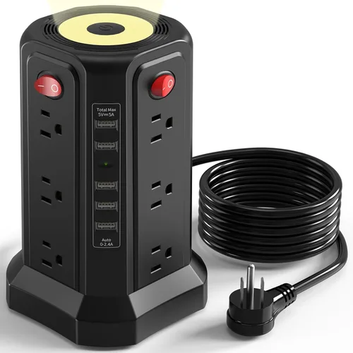 Vista 8 de Regleta de protección contra sobretensiones con torre y 5 puertos USB y luz nocturna, cable de extensión de 10 pies con 12 tomas múltiples de CA