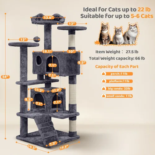 Vista 3 de Yaheetech Árbol para gatos de 54 pulgadas, torre para gatos de varios niveles con espaciosa percha de orejas de gatito, 2 cuevas acogedoras, postes