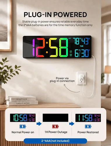 Vista 9 de RGB Large Digital Wall Clock, 15.7" Digital Clock Large Display with Remote LED Alarm Clocks with Night Light, DST, Date, Temperature for Living