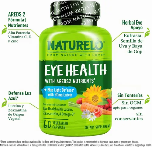 Vista 2 de NATURELO Vitaminas para los Ojos - Fórmula AREDS 2 Nutrientes con Luteína, Zeaxantina, Vitamina C, E, Zinc, Más DHA - Suplemento para Ojos Secos