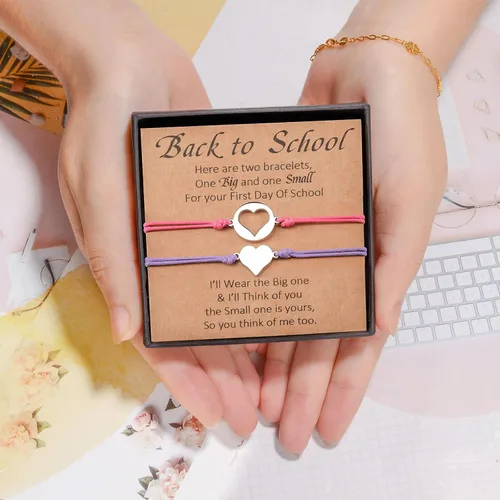 Vista 5 de YELUWA 2 Pcs Back to School Gift, First Day of School Gift, Lovely Charm Bracelets Set for DaughterSon from Mother Mommy and Me Jewelry with Gift