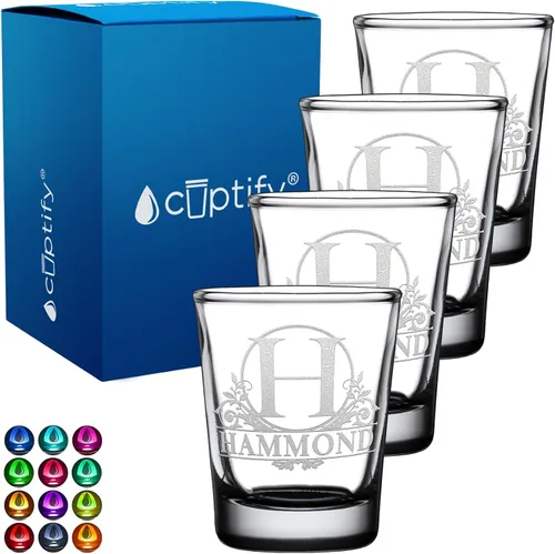 Vista 83 de Vaso de chupito personalizado con nombre de círculo elaborado de 2 onzas, parte inferior negra grabada con texto personalizado para regalos, bodas