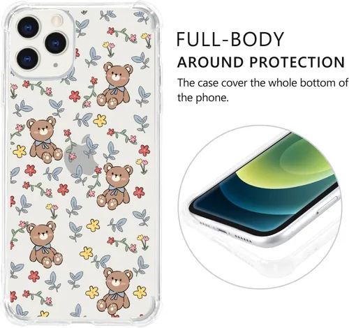 Vista 3 de Funda para teléfono compatible con iPhone 11, diseño de oso y flores, diseño de dibujos animados transparente para niñas y mujeres, bonito oso