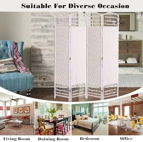 Vista 7 de Tall White Rattan Room Divider, Foldable Privacy Screen, Space-Saving Partition, 60/80/100/120cm High, 4 Panels (100x40cm) - Stylish Home Decor