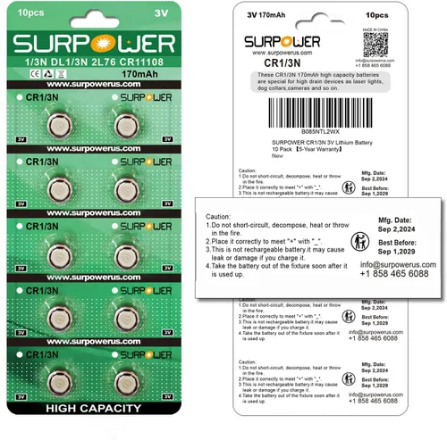 Vista 2 de SURPOWER CR1/3N 3V Batería de litio, paquete de 10 unidades 【5 años de garantía】